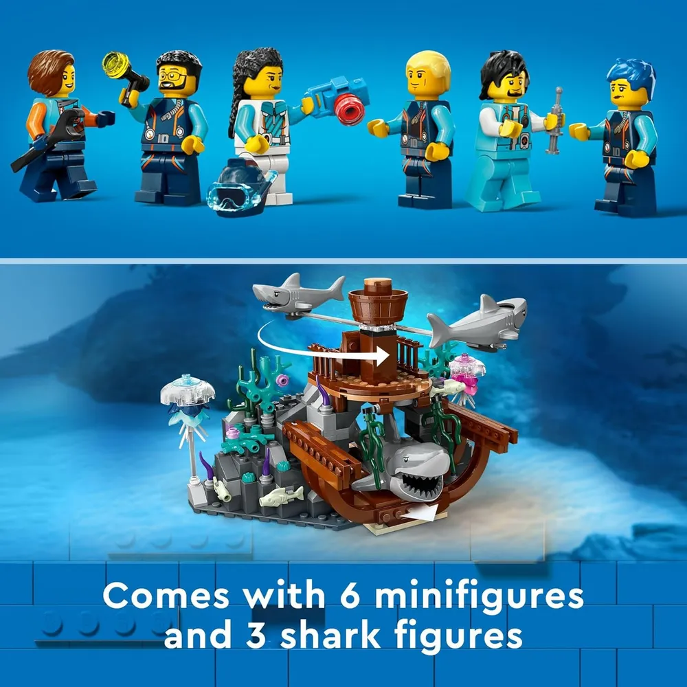 Lego City submarino explorador de aguas profundas set de construcción con tiburones y minifiguras