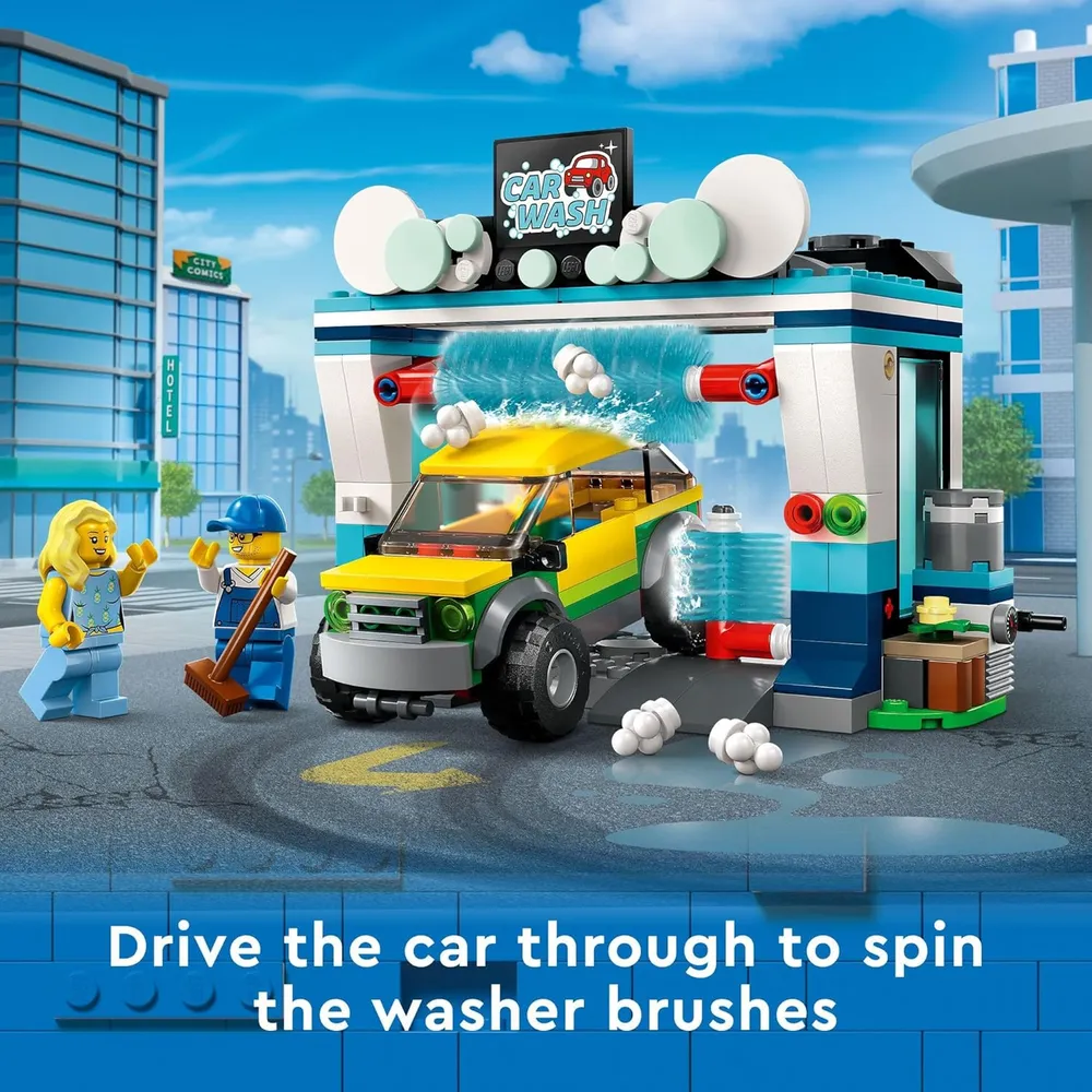 Lego City Lavado de coches set de construcción con cepillos giratorios, vehículo y 2 minifiguras