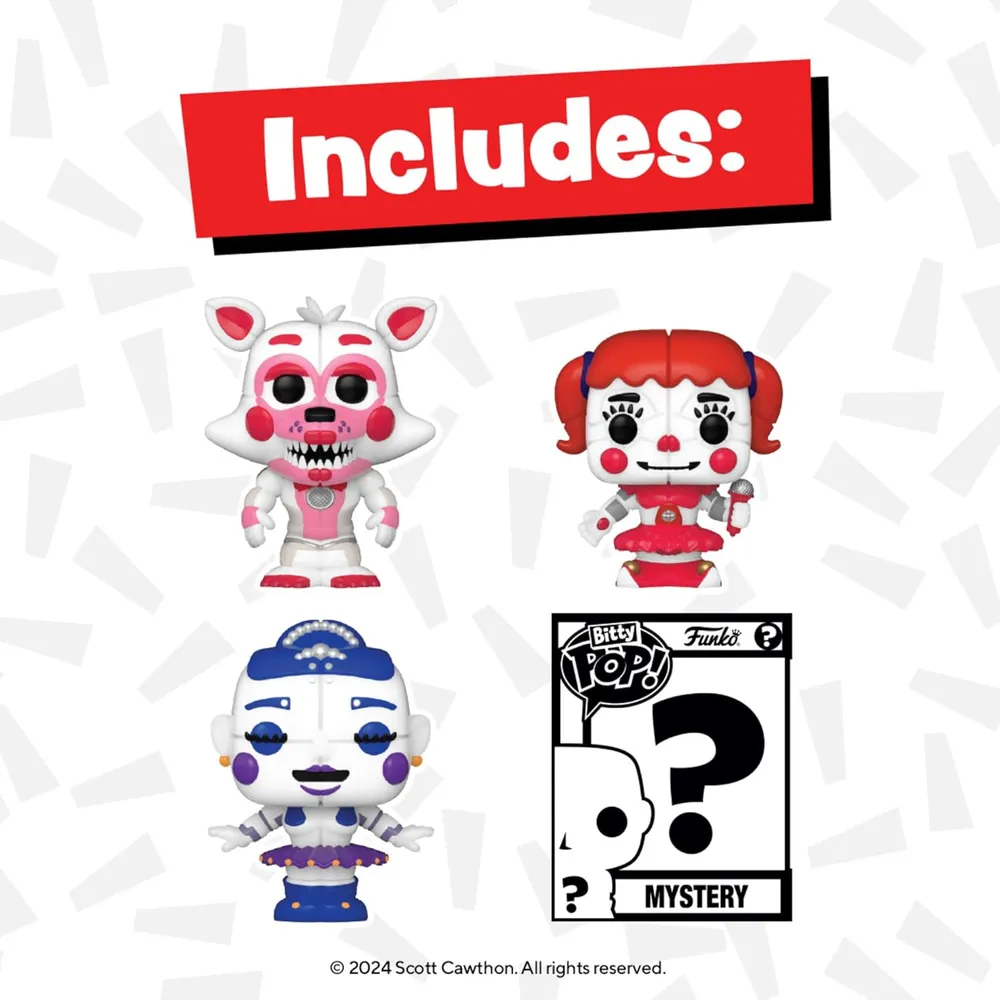 FUNKO POP PACK DE 4 BITTY NIGHTS AT FREDDY'S BITTY BALLORA, FUNTIME FOXY, BABY Y FIGURA SORPRESA