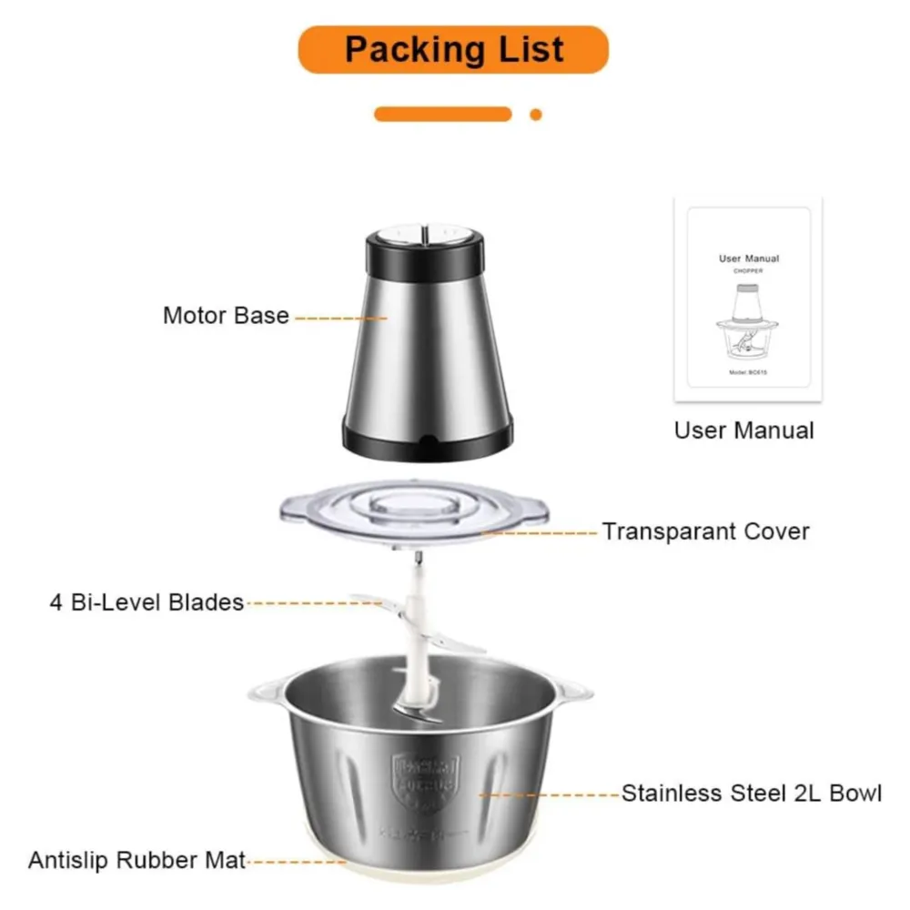 PROCESADOR DE ALIMENTOS Y PICADORA DE CARNE 2L, PLATEADO