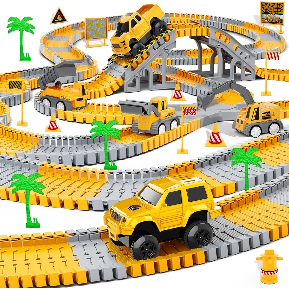 PISTA DE CARRERAS DE CONSTRUCCIÓN CON CAMIONES Y PALMERAS