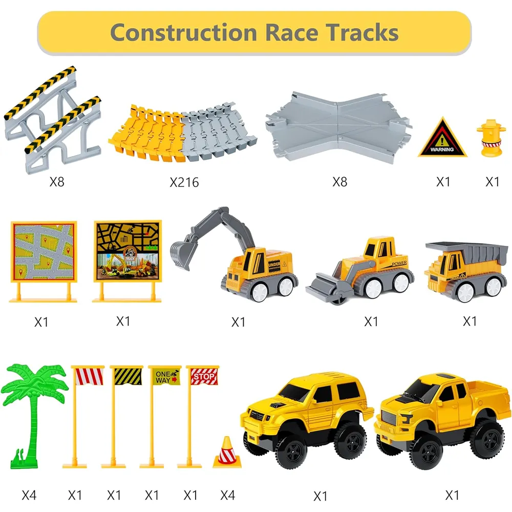 PISTA DE CARRERAS DE CONSTRUCCIÓN CON CAMIONES Y PALMERAS