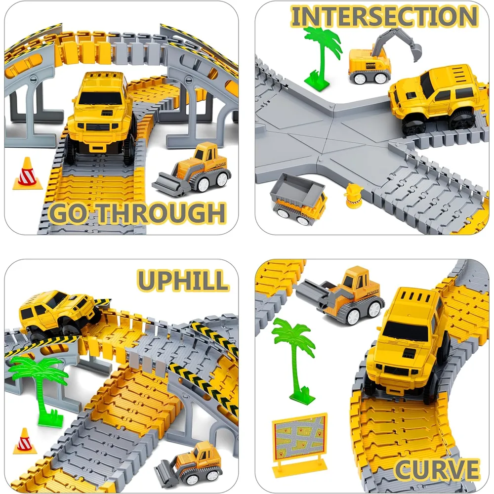 PISTA DE CARRERAS DE CONSTRUCCIÓN CON CAMIONES Y PALMERAS
