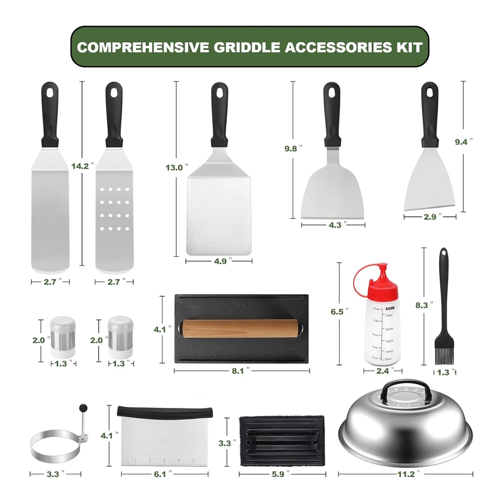 Juego de 18 Accesorios para Parrilla - Juego de Accesorios para Parrilla de Parte Superior Plana para Blackstone y Camp Chef - Juego de Espátulas para Parrilla con Espátulas Ampliadas - Cubierta de Hilvanado - Raspador para Barbacoa Al Aire Libre
