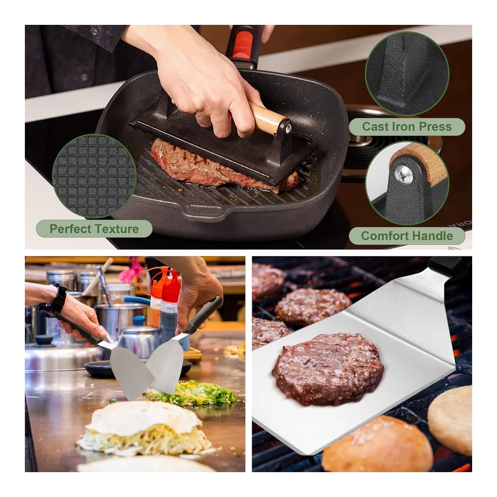 Juego de 18 Accesorios para Parrilla - Juego de Accesorios para Parrilla de Parte Superior Plana para Blackstone y Camp Chef - Juego de Espátulas para Parrilla con Espátulas Ampliadas - Cubierta de Hilvanado - Raspador para Barbacoa Al Aire Libre