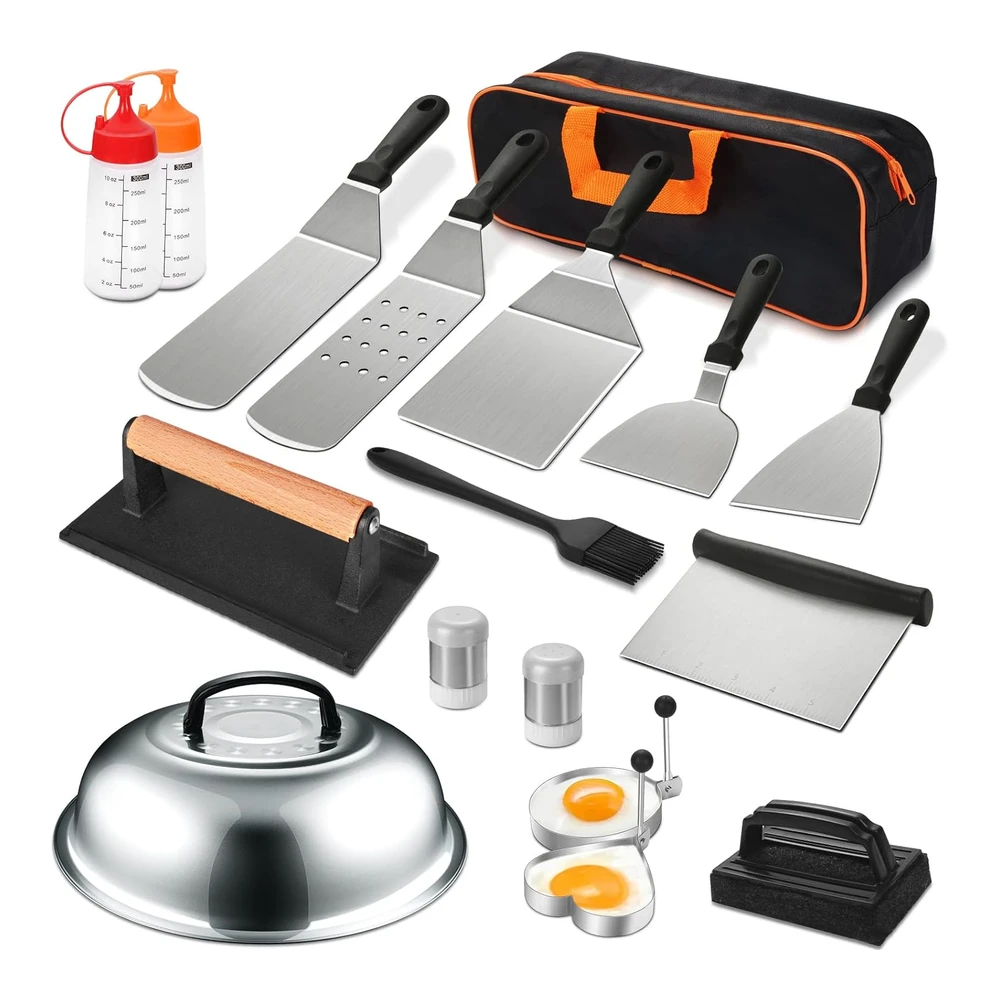 Juego de 18 Accesorios para Parrilla - Juego de Accesorios para Parrilla de Parte Superior Plana para Blackstone y Camp Chef - Juego de Espátulas para Parrilla con Espátulas Ampliadas - Cubierta de Hilvanado - Raspador para Barbacoa Al Aire Libre