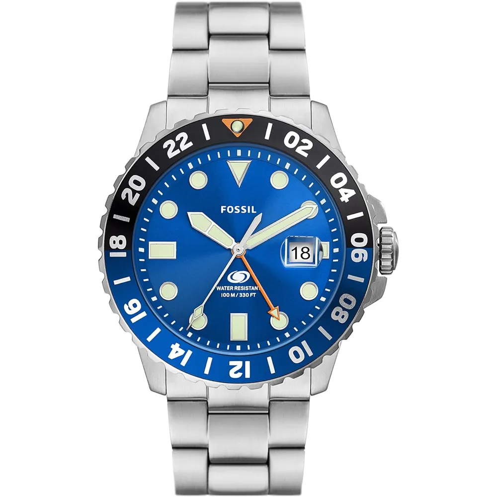 Fossil reloj de cuarzo para hombre, acero inoxidable | Plateado/ Azul