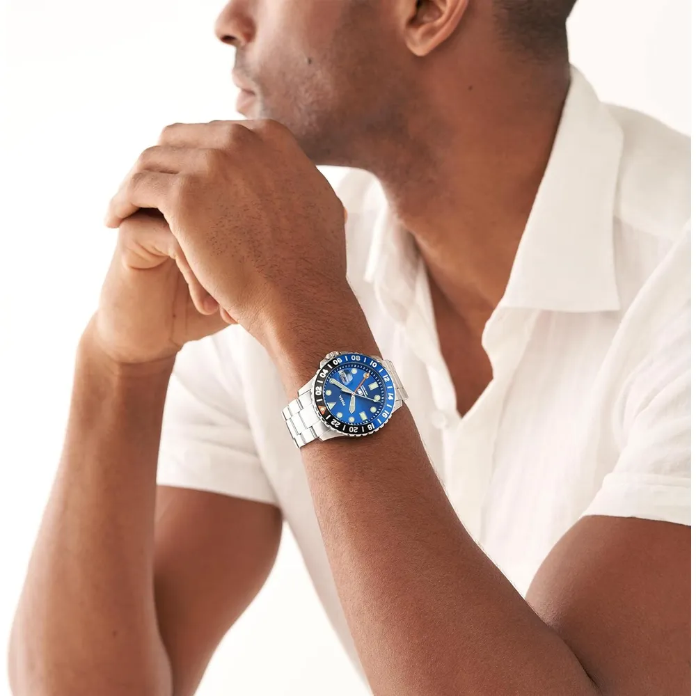 Fossil reloj de cuarzo para hombre, acero inoxidable | Plateado/ Azul