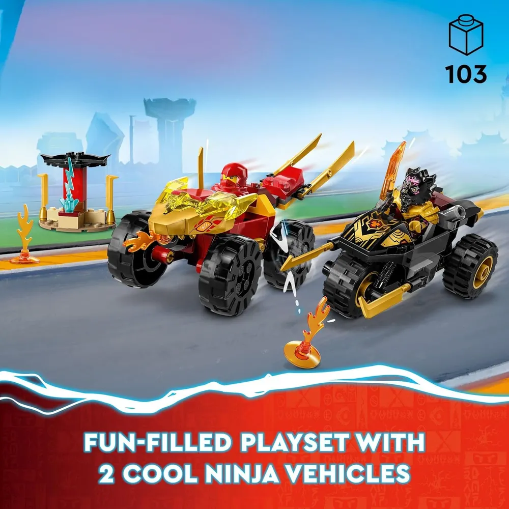 Lego Ninjago Batalla de coches y motos de Kai y Ra con 2 minifiguras