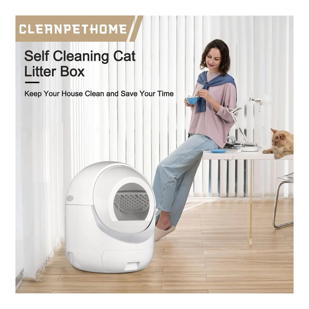 Cleanpethome Caja de Arena para Gatos Autolimpiante Control de Aplicación Eliminación de Olores Protección de Seguridad | Blanco