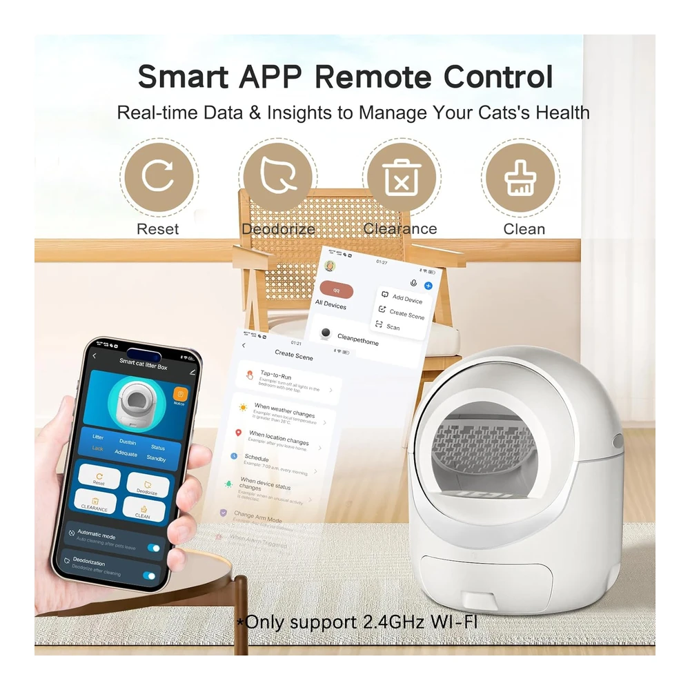 Cleanpethome Caja de Arena para Gatos Autolimpiante Control de Aplicación Eliminación de Olores Protección de Seguridad | Blanco
