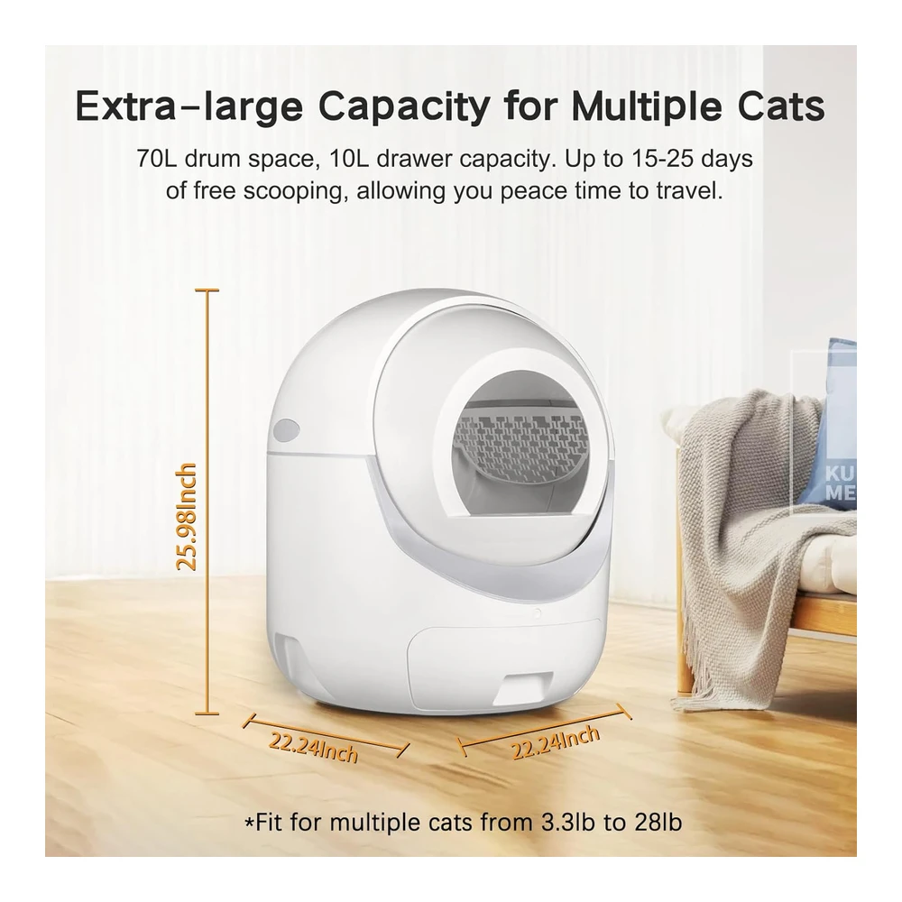 Cleanpethome Caja de Arena para Gatos Autolimpiante Control de Aplicación Eliminación de Olores Protección de Seguridad | Blanco