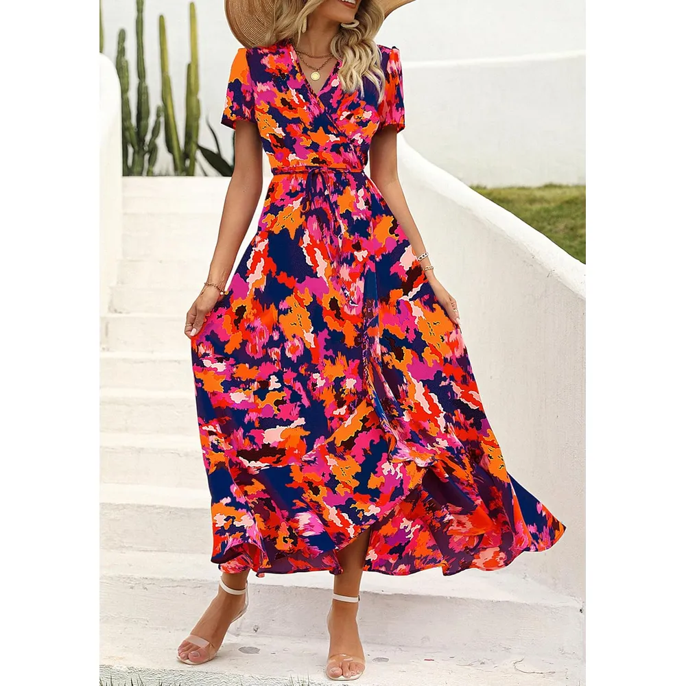 VESTIDO LARGO ESTILO BOHEMIO PRETTYGARDEN | BLUE ORANGE FLORAL