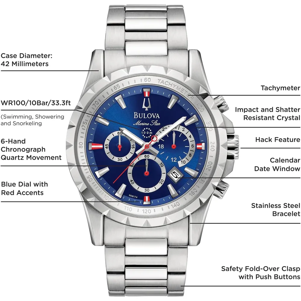 Bulova reloj Marine Star de hombre cronógrafo de 6 agujas de cuarzo taquímetro | Plata