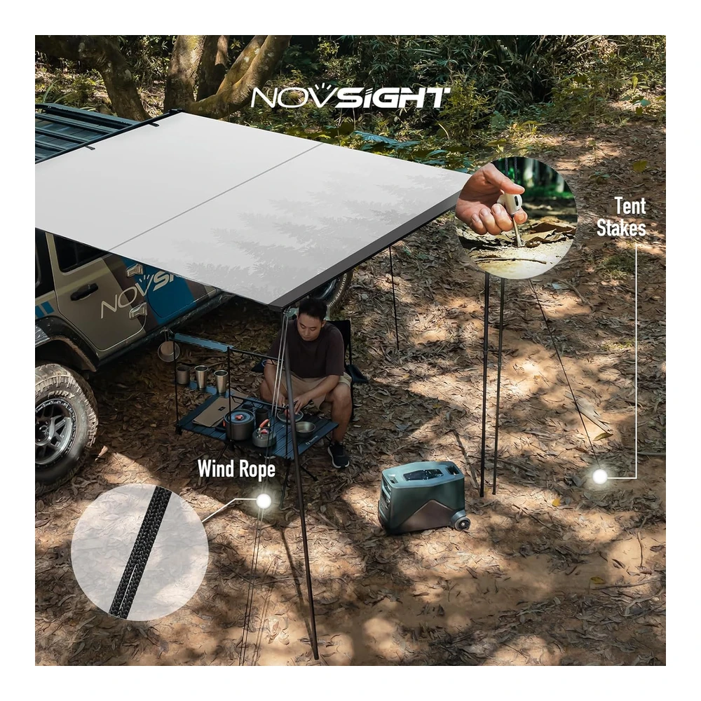 Novsight Toldo Lateral para Automóvil de 8.2 X 8.2 Pies - Resistente a La Intemperie - 4 X 4" - Toldo Lateral para Campamento y Por Tierra - 196.850 In de Poliuretano de Altura Ajustable Retráctil (Artículos Incluidos)