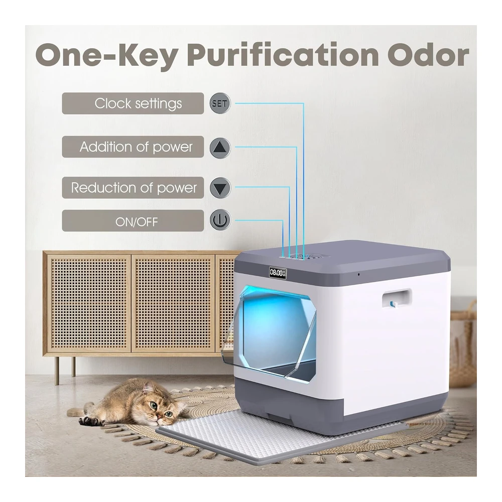 b0c2m7zg6b_3.webp Caja de Arena Inteligente para Gatos Elimina Olores Fácil de Limpiar Incluye Desodorante de Iones y Prevención de Orina | Blanco