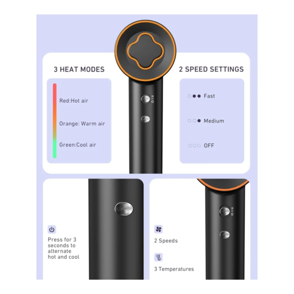 b0c39t2vg5_3.webp SECADOR DE PELO IÓNICO NEGATIVO DE ALTA VELOCIDAD SIN ESCOBILLAS CON CONTROL TÉRMICO DE BAJO RUIDO CON DIFUSOR Y BOQUILLA | NEGRO