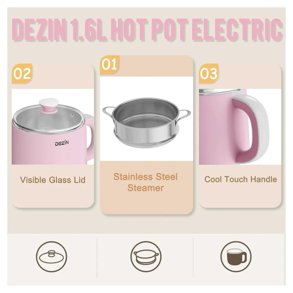DEZIN OLLA ELÉCTRICA CON VAPORIZADOR 1.6L ROSA