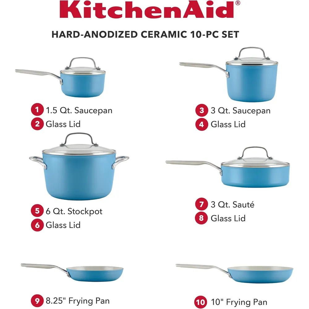 KitchenAid juego ollas y sartenes anodizadas duras 10 piezas | Terciopelo azul