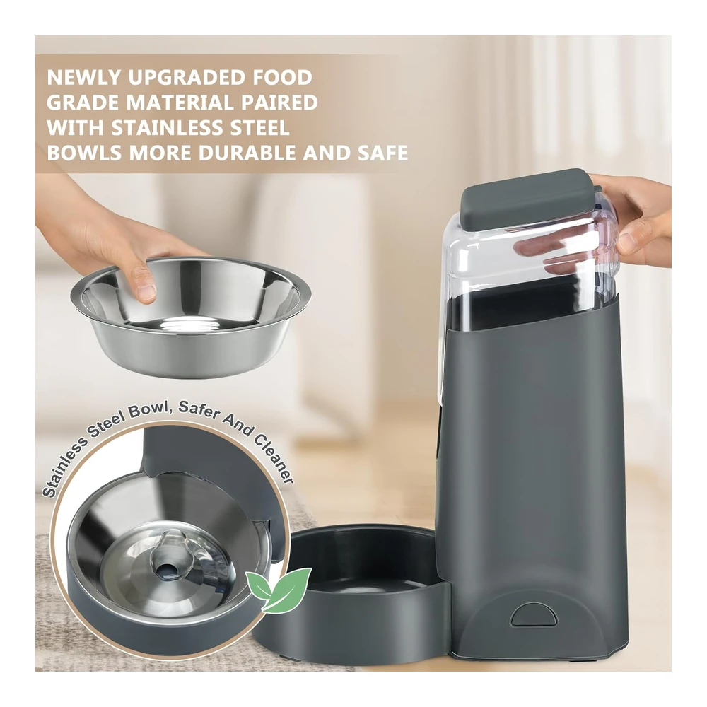 Paquete de 2 Alimentadores Automáticos para Gatos y Dispensador de Agua con Cuenco de Acero Inoxidable para Perros - Autoalimentación Por Gravedad para Mascotas Pequeñas y Medianas - Cachorros - Gatitos - 1 Galón X 2 (Negro)