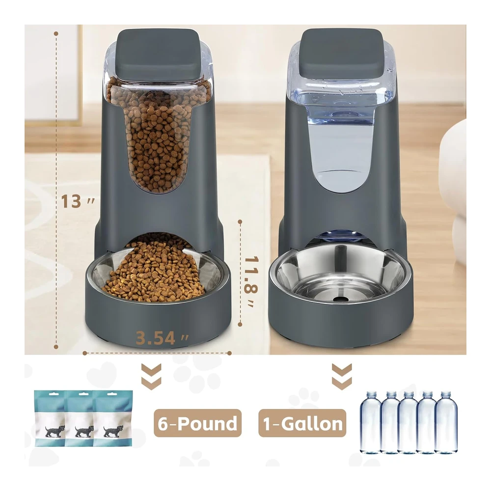 Paquete de 2 Alimentadores Automáticos para Gatos y Dispensador de Agua con Cuenco de Acero Inoxidable para Perros - Autoalimentación Por Gravedad para Mascotas Pequeñas y Medianas - Cachorros - Gatitos - 1 Galón X 2 (Negro)