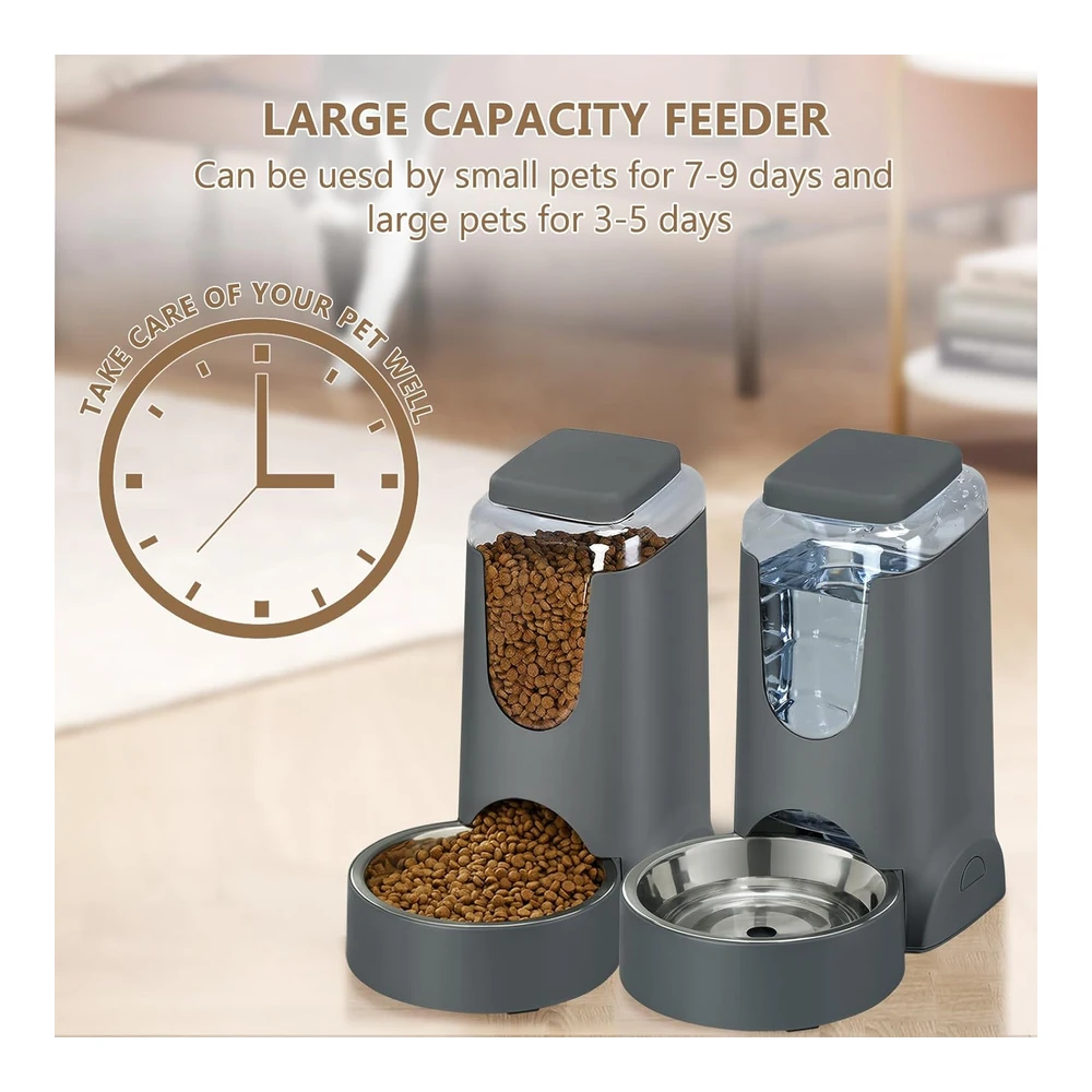 Paquete de 2 Alimentadores Automáticos para Gatos y Dispensador de Agua con Cuenco de Acero Inoxidable para Perros - Autoalimentación Por Gravedad para Mascotas Pequeñas y Medianas - Cachorros - Gatitos - 1 Galón X 2 (Negro)