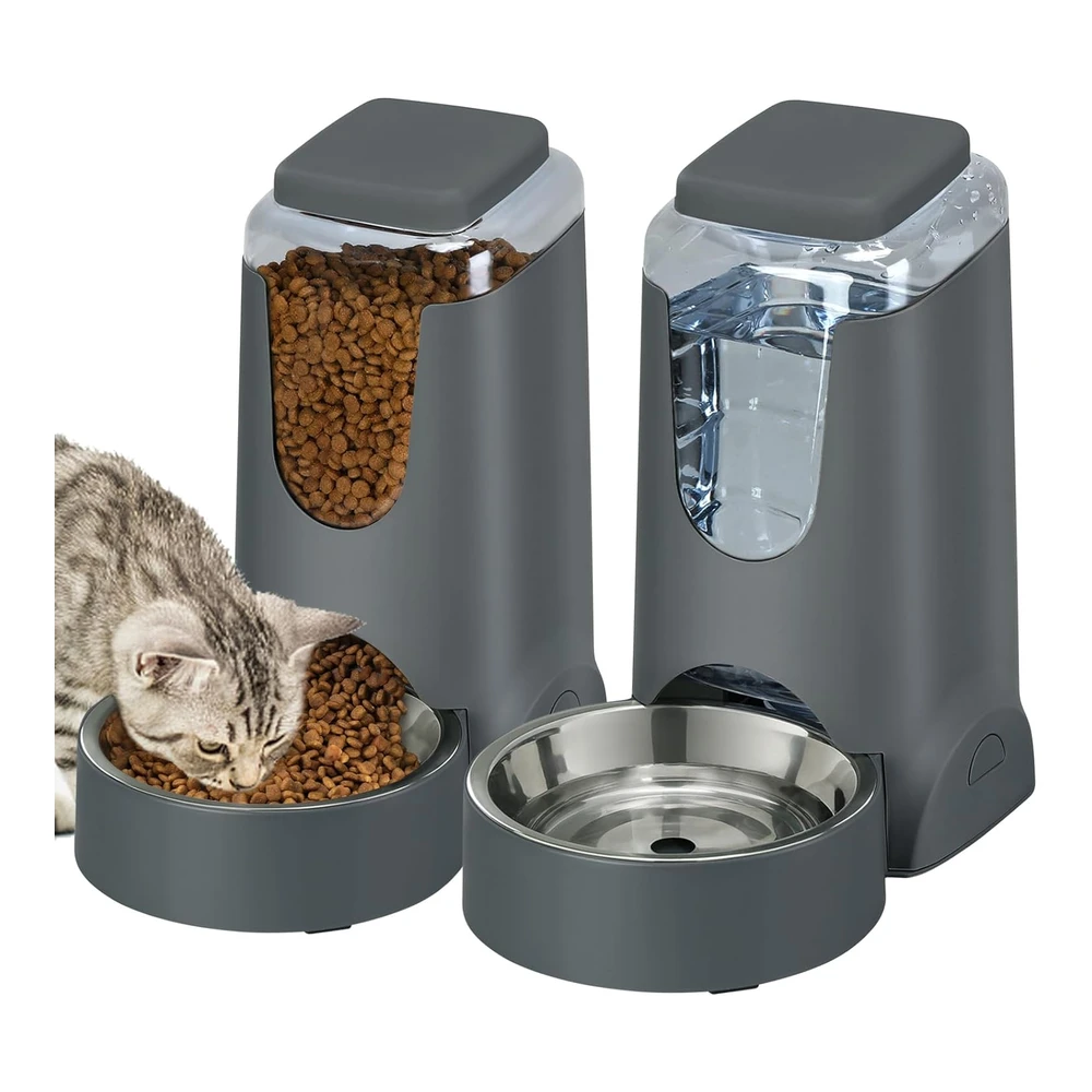 Paquete de 2 Alimentadores Automáticos para Gatos y Dispensador de Agua con Cuenco de Acero Inoxidable para Perros - Autoalimentación Por Gravedad para Mascotas Pequeñas y Medianas - Cachorros - Gatitos - 1 Galón X 2 (Negro)