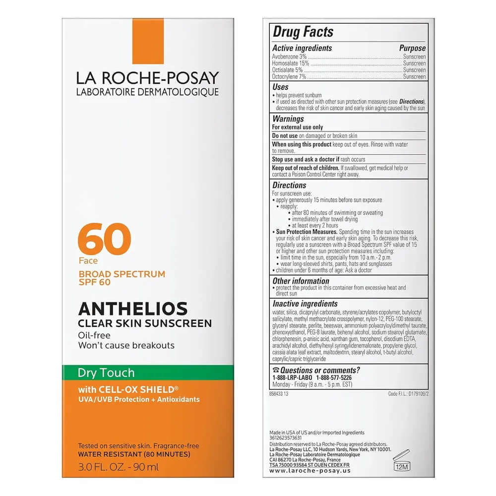 PROTECTOR SOLAR FACIAL SPF 60 CLEAR SKIN ANTHELIOS LA ROCHE-POSAY 3 OZ / 90 ML