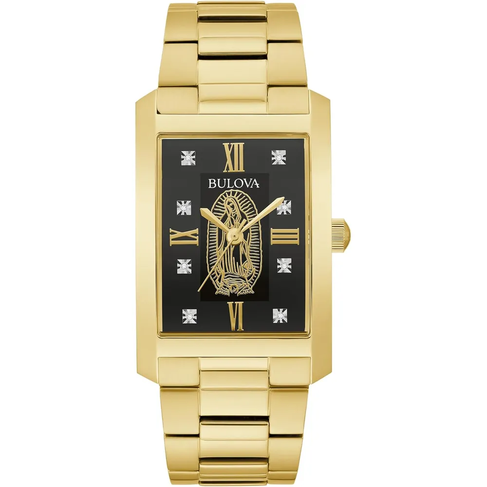 Bulova reloj Nuestra Señora de Guadalupe de mujer 3 agujas de cuarzo diamantes | Oro/Negro
