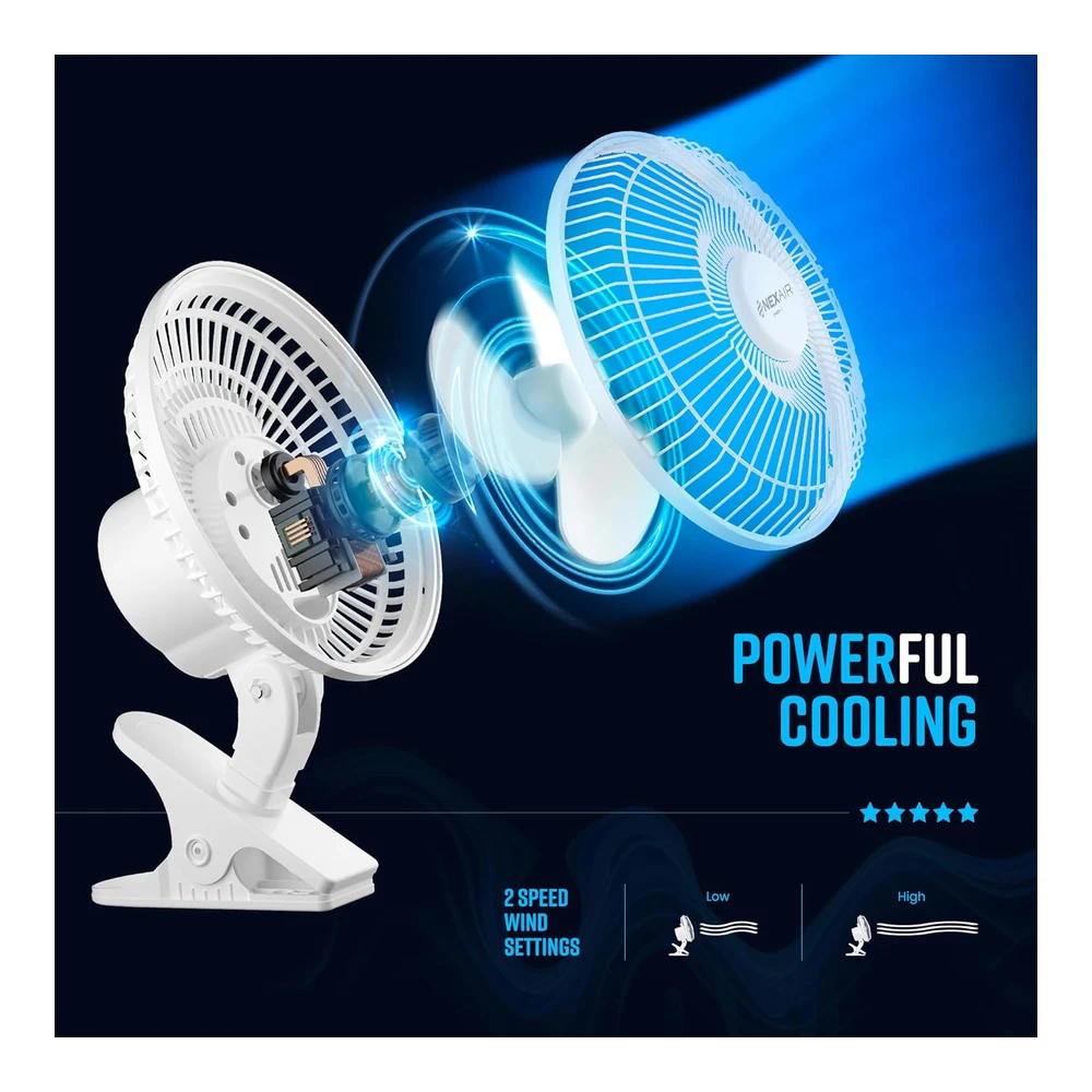 NEXAIR VENTILADOR DE CLIP 6" 360° – SILENCIOSO, PORTÁTIL Y DE DOS VELOCIDADES – MODELO NF001-WH