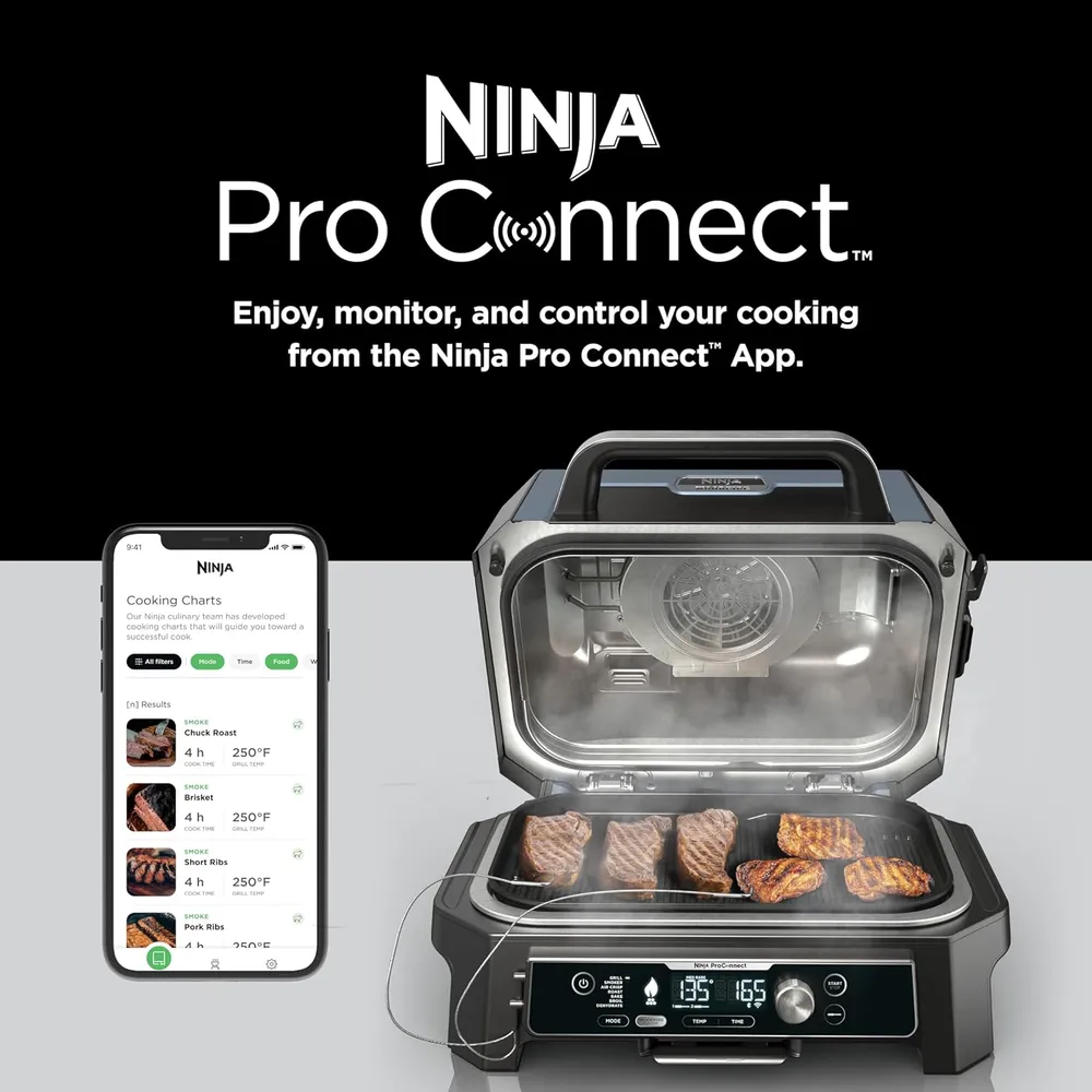 NINJA PARRILLA Y AHUMADOR WOODFIRE PRO OG951 7 EN 1, | NEGRO/AZUL