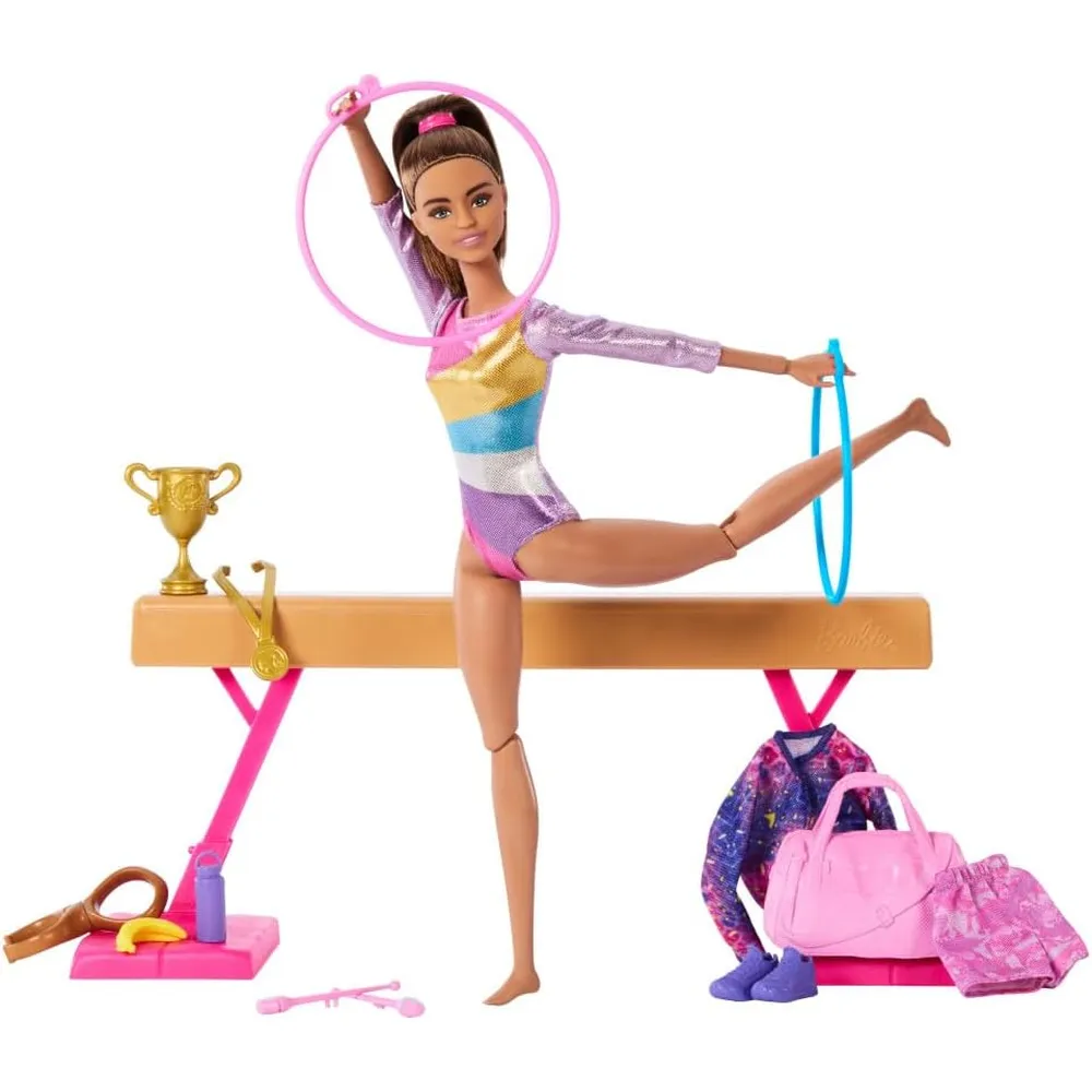 BARBIE MUÑECA GIMNASTA MORENA CON BARRA DE EQUILIBRIO