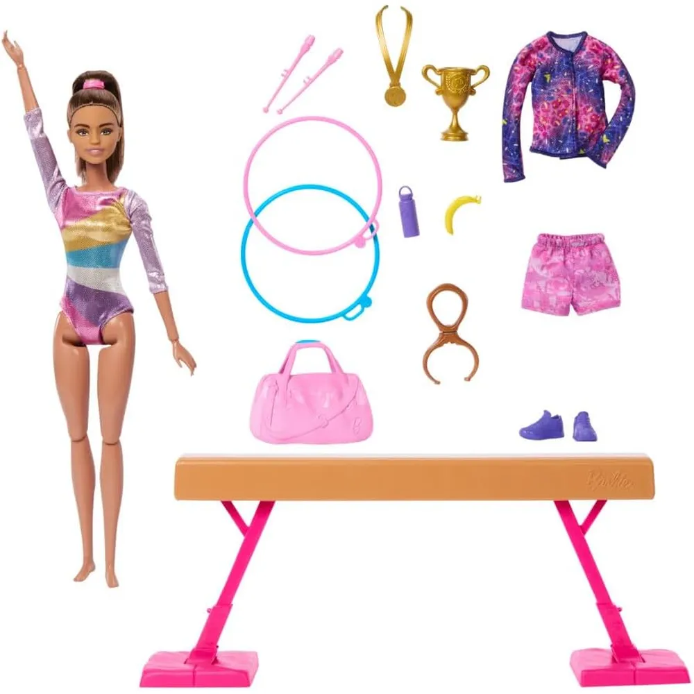 BARBIE MUÑECA GIMNASTA MORENA CON BARRA DE EQUILIBRIO