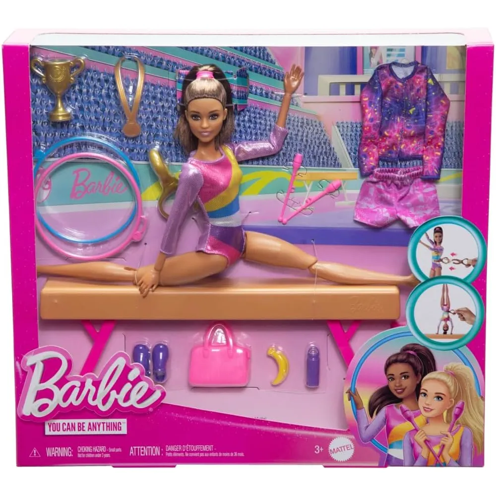 BARBIE MUÑECA GIMNASTA MORENA CON BARRA DE EQUILIBRIO