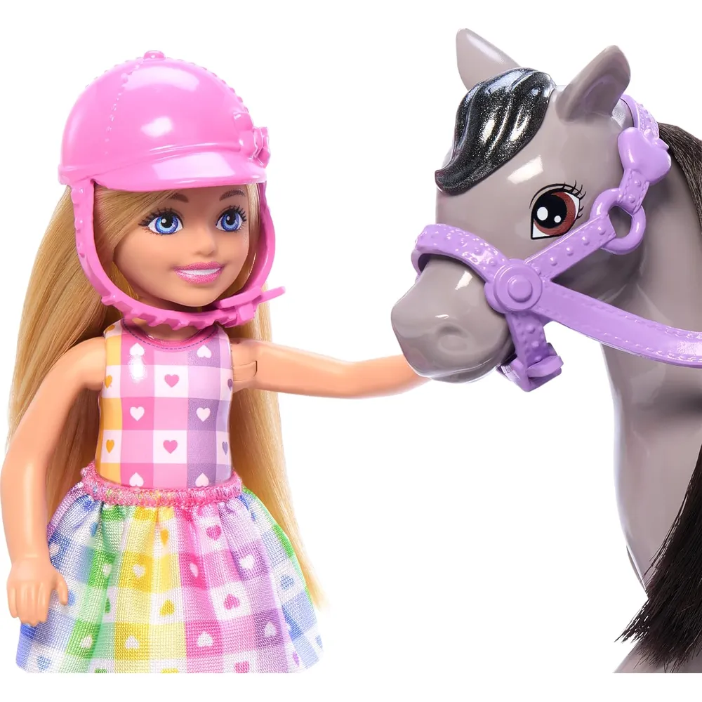 BARBIE CHELSEA MUÑECA CON CABALLO GRIS Y ACCESORIOS