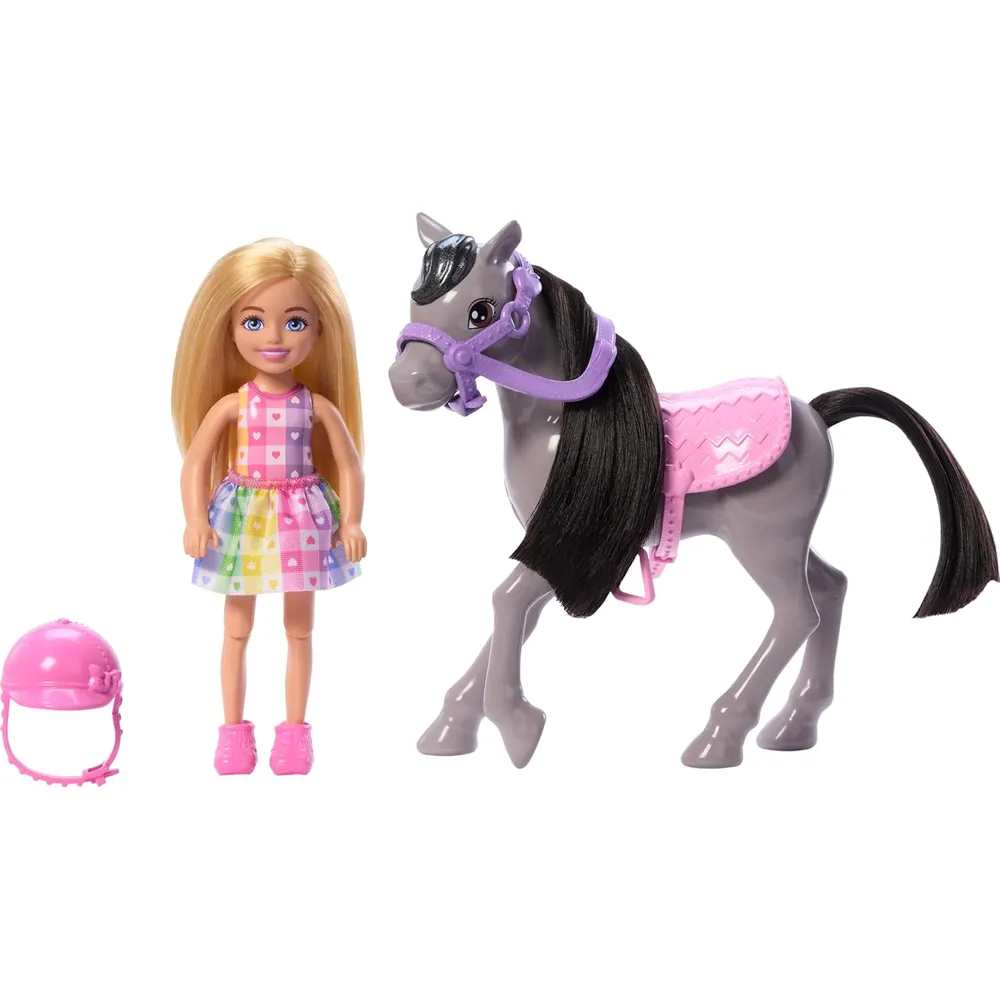 BARBIE CHELSEA MUÑECA CON CABALLO GRIS Y ACCESORIOS