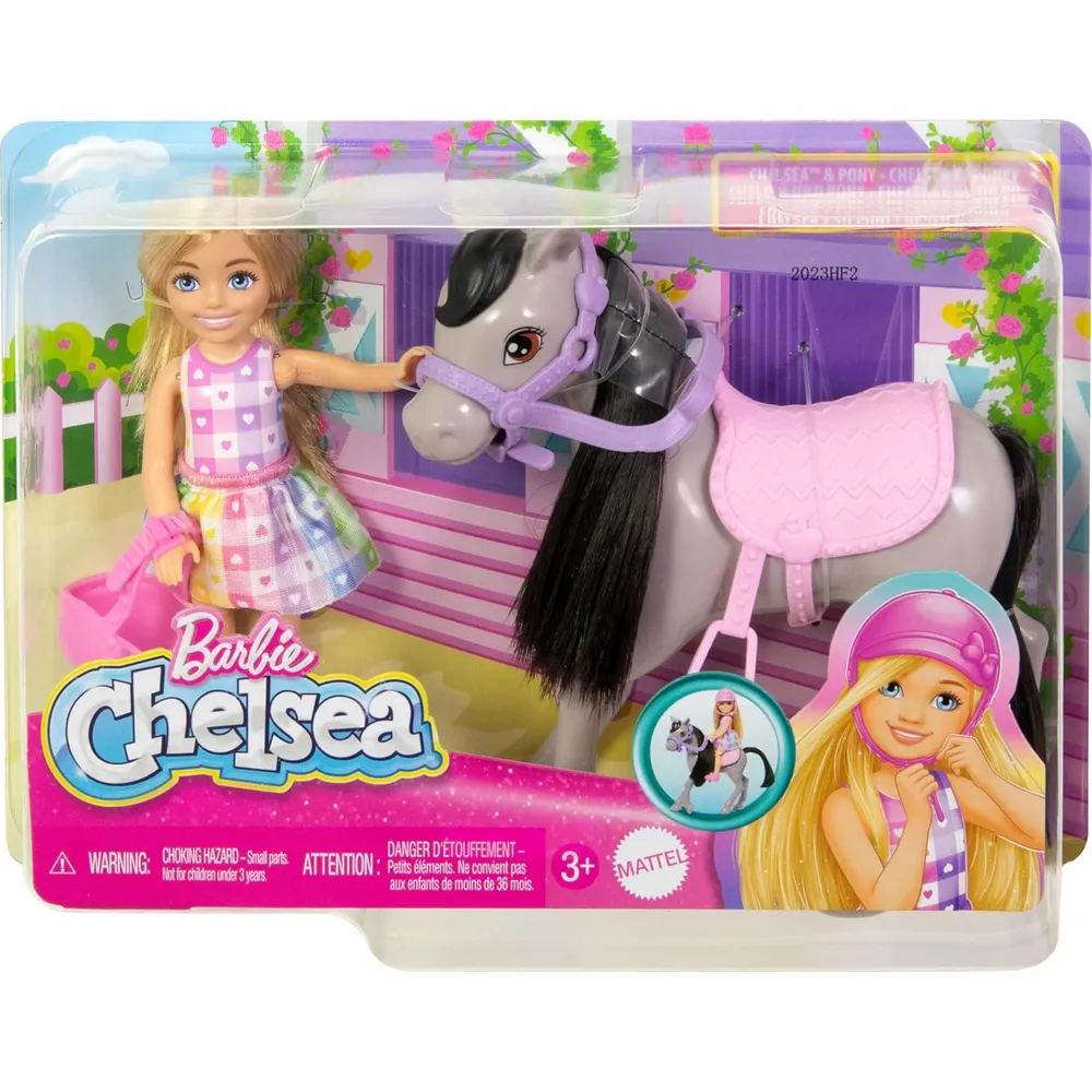 BARBIE CHELSEA MUÑECA CON CABALLO GRIS Y ACCESORIOS