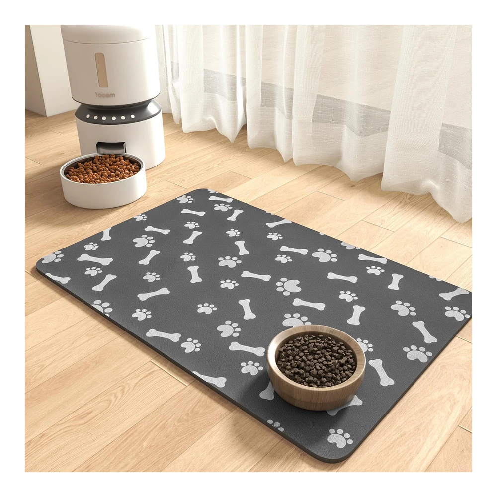 Tapete de Alimentación para Mascotas - Tapete Absorbente de Comida para Perros - Tapete para Alimentos y Agua - Sin Manchas - de Secado Rápido - Dispensador de Agua para Perros - Suministros para Mascotas - Mantel Individual para Perros - Cuenco de Agua para Perros y Bebedores Desordenados - 12 X 19" - Gris Oscuro