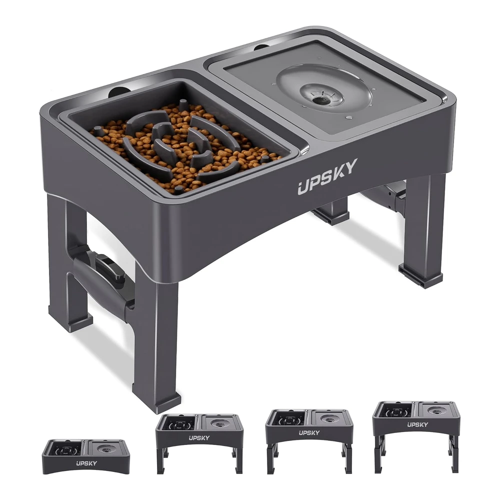 Upsky Cuencos Elevados 2 En 1 para Perros - Comedero Lento - 4 Alturas Ajustables - Soporte Elevado para Perros - Dispensador de Tazón de Agua para Perros - Dispensador de Tazón de Agua Antideslizante para Perros Pequeños - Medianos y Grandes - Color Gris.