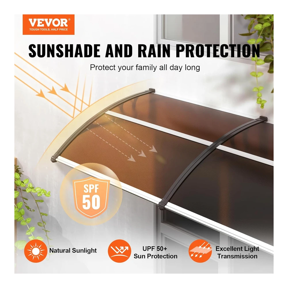 Vevor Toldo para Puerta de Ventana de 80 X 40" - Toldo de Policarbonato Upf 50+ para Puerta de Entrada Al Aire Libre - Toldo Voladizo de Puerta Delantera para Persiana Solar - Uv - Lluvia - Protección Contra La Nieve - Hoja Hueca