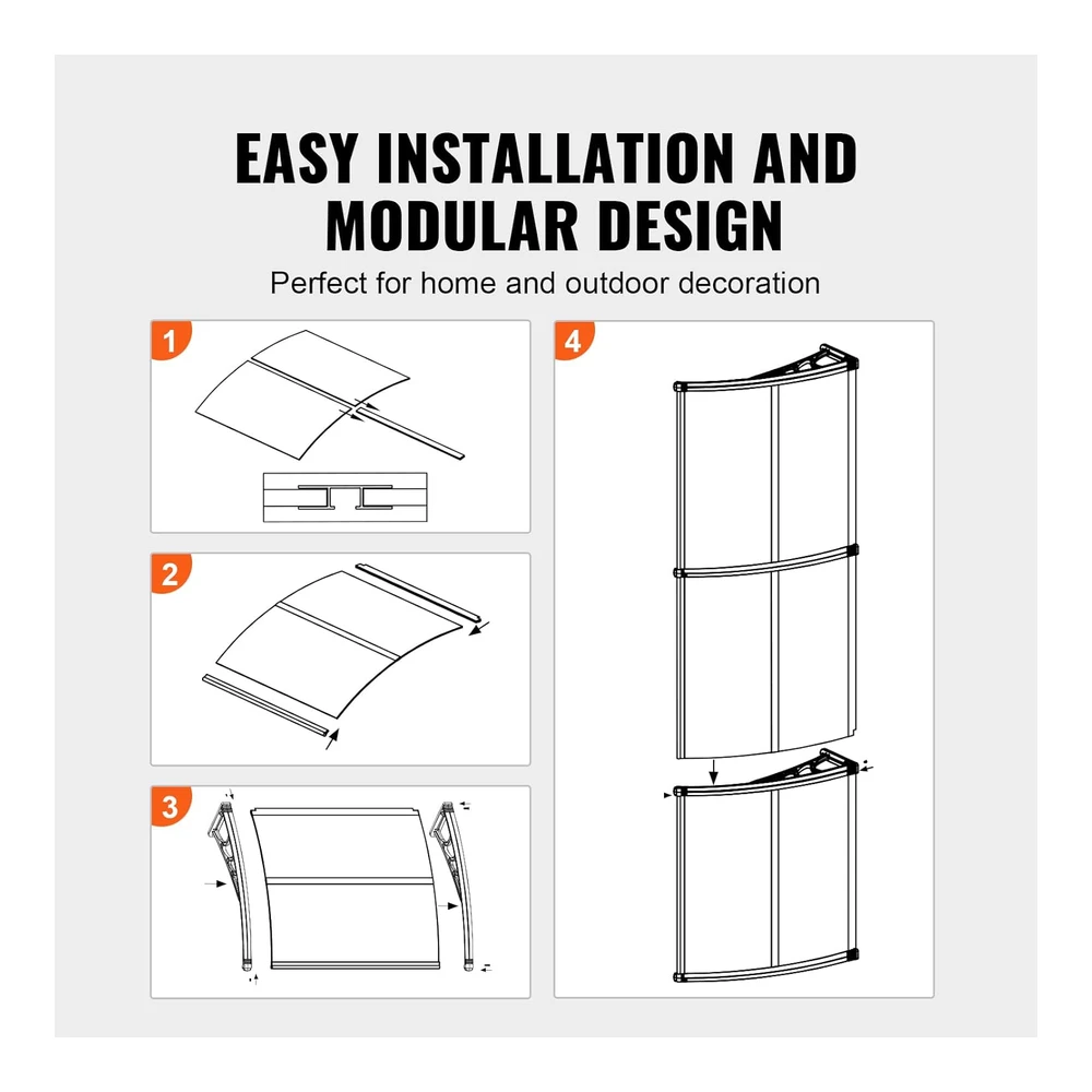 Vevor Toldo para Puerta de Ventana de 80 X 40" - Toldo de Policarbonato Upf 50+ para Puerta de Entrada Al Aire Libre - Toldo Voladizo de Puerta Delantera para Persiana Solar - Uv - Lluvia - Protección Contra La Nieve - Hoja Hueca