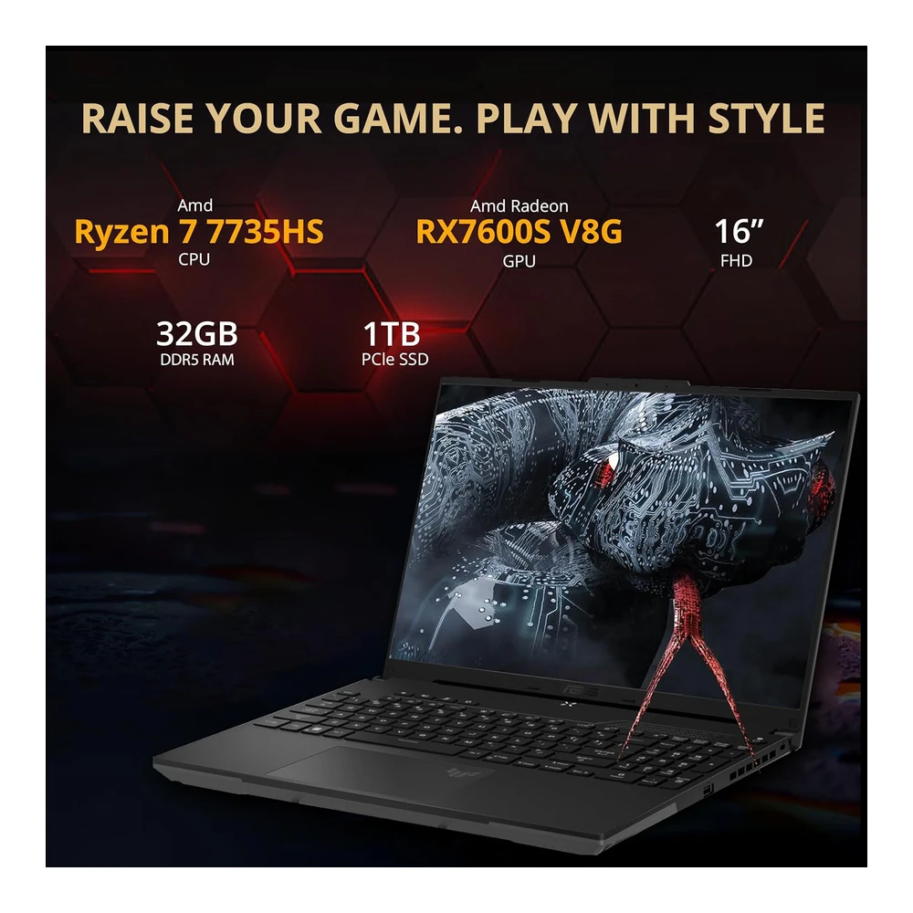 LAPTOP GAMING TUF A16 16" FHD 165HZ RYZEN 7-7735HS RX7600S V8G 32GB RAM 1TB SSD WI-FI 6 ASUS(TECLADO INGLÉS)