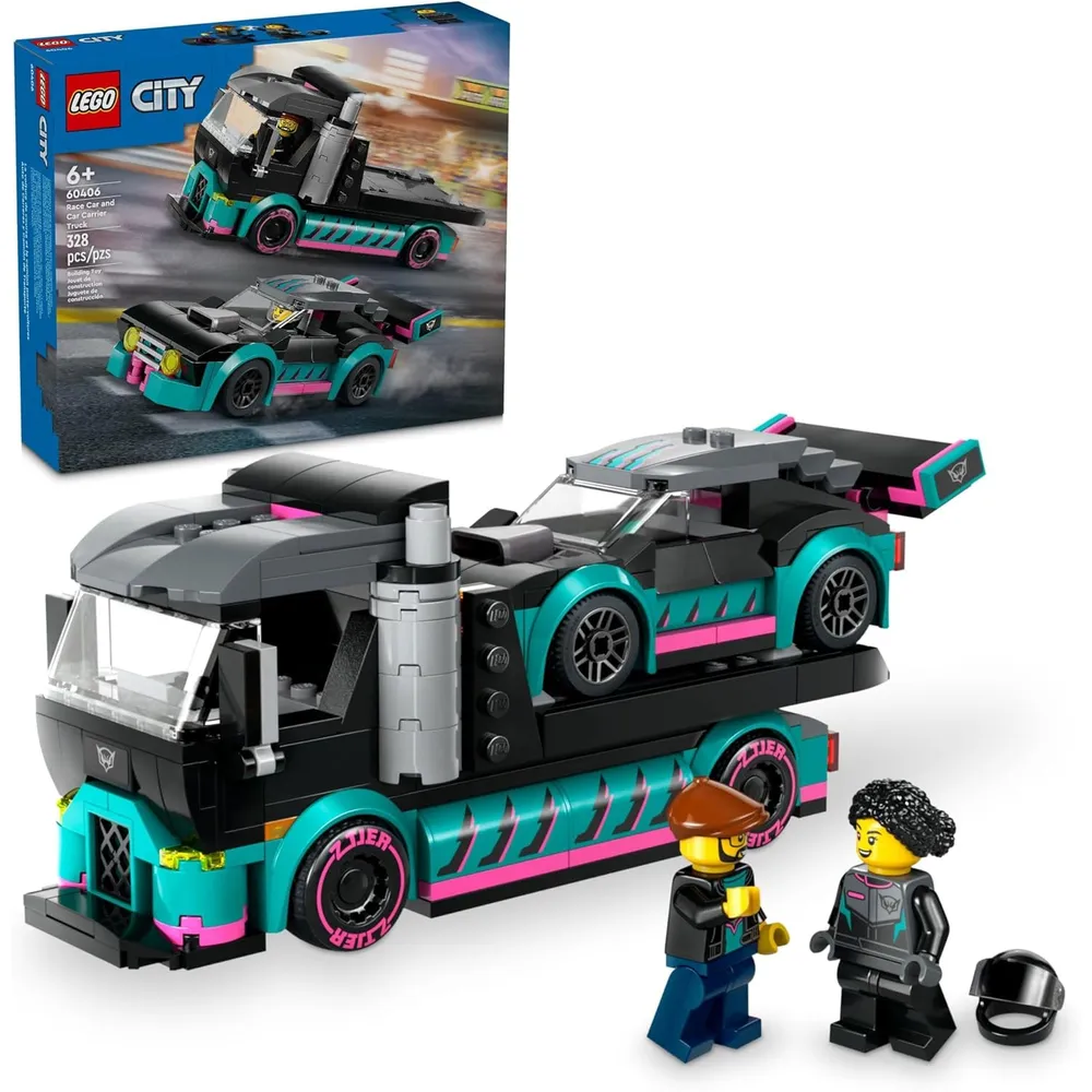 Lego City Coche de carreras y camión portacoches con minifiguras