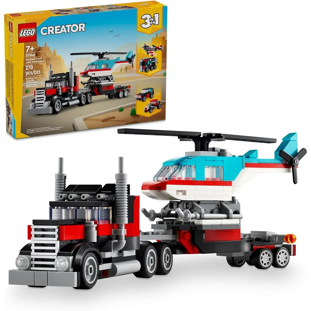 LEGO CREATOR 3 EN 1 CAMIÓN PLATAFORMA CON HELICÓPTERO Y COCHES