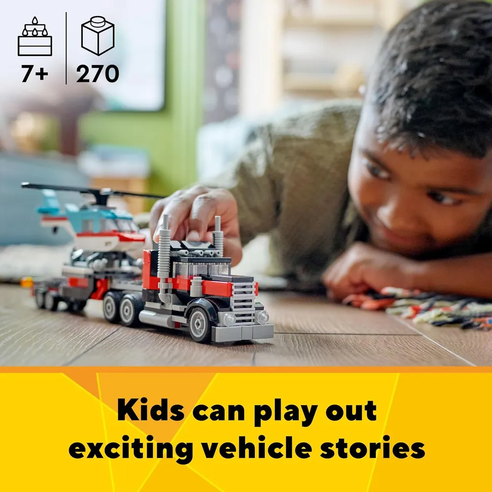 LEGO CREATOR 3 EN 1 CAMIÓN PLATAFORMA CON HELICÓPTERO Y COCHES
