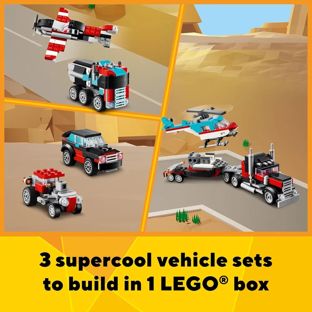 LEGO CREATOR 3 EN 1 CAMIÓN PLATAFORMA CON HELICÓPTERO Y COCHES