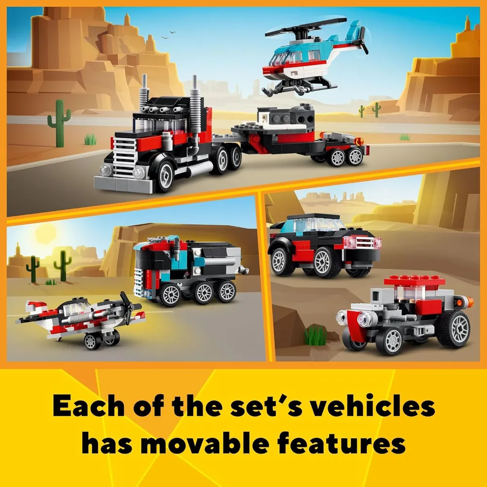LEGO CREATOR 3 EN 1 CAMIÓN PLATAFORMA CON HELICÓPTERO Y COCHES
