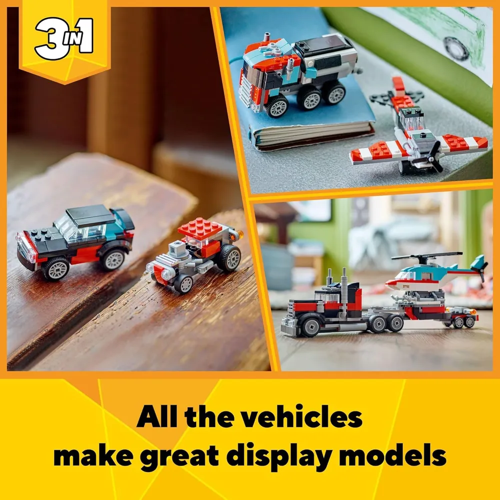 LEGO CREATOR 3 EN 1 CAMIÓN PLATAFORMA CON HELICÓPTERO Y COCHES
