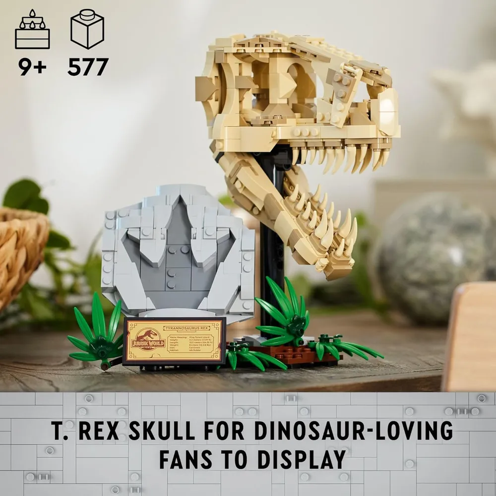 Lego Jurassic World Fósiles de dinosaurios, cráneo de T. Rex, set educativo