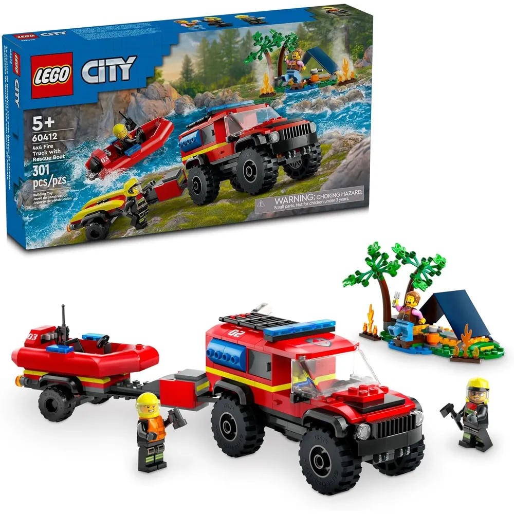 Lego City Camión de bomberos 4x4 con bote de rescate y 2 minifiguras